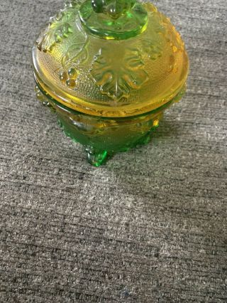 Yellow And Green Carnival Glass Footed Candy Dish Vintage With Lid.