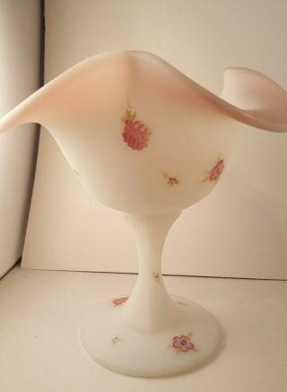 Fenton Compote Satin White/pink Raspberry & Pink Flowers Hand Painted By Donna R