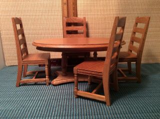 Dollhouse Miniatures 1:12 5 Piece Oak Table With Ladder Back Chairs