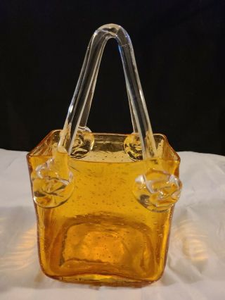 Vintage Hand Blown Amber Art Glass Purse Vase - Handbag - Planter Amber