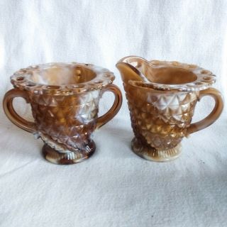 Vintage Imperial Chocolate Marbled Slag Glass Creamer & Sugar Bowl Reticulated