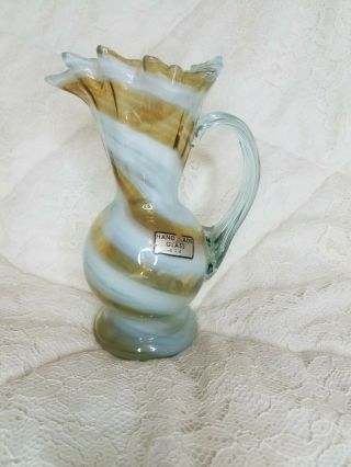 Vintage Lead Crystal Art Glass Amber Swirl Pitcher Vase With Handle Hand Made