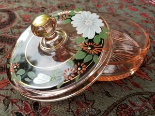 Pink Depression Glass Divided 3 Part Candy Dish Handpainted Flowers On Lid