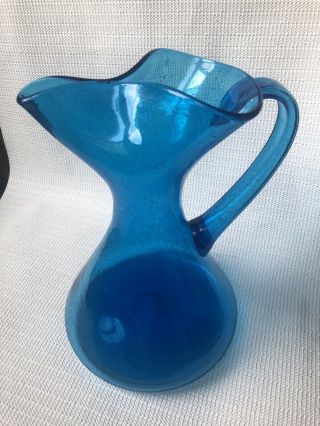 Vintage Mid Century Modern Blenko Art Glass Pitcher - Peacock Blue - 1965