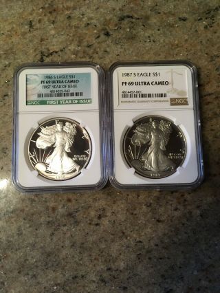 1986,  1987 S Proof Silver Eagle Set - Ngc Pf 69 Ultra Cameo - 2 Coin Set