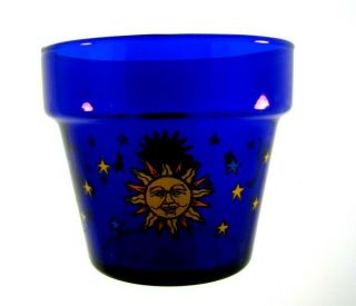 Cobalt Blue Sun/moon/stars Glass Flower Pot