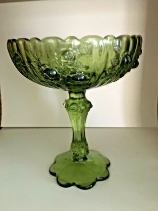 Vintage Fenton Colonial Green Glass Cabbage Rose Pattern Pedestal Compote Bowl
