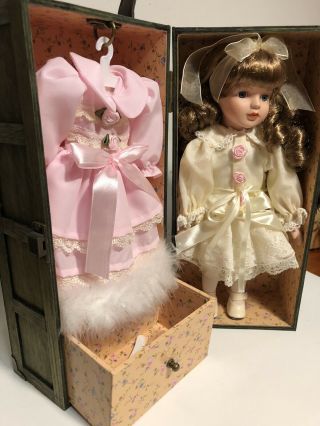 Vintage Cracker Barrel Porcelain Doll W Wood Case Drawer And Extra Dress