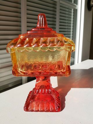 Vintage Jeanette Glass " Wedding " Jar/box/ Candy Dish In Amberina - 6.  25 " Tall