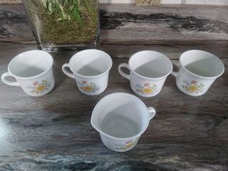 4 Vintage Corelle / Corning Ware Spring Meadow Coffee Cups & 1 Matching Creamer 3