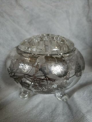 Vintage Viking Glass Footed Flower Frog Candle Holder W Sterling Silver Overlay