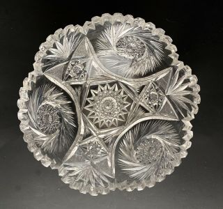 American Brilliant Cut Glass Clear Crystal Bowl,  Scalloped Rim Hob Stars