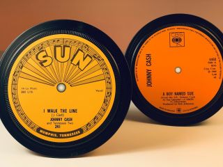 Johnny Cash - 2 Record Label Coasters.  I Walk The Line.  A Boy Named Sue.  Sun