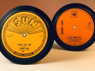 Johnny Cash - 2 Record Label coasters.  I Walk The Line.  A Boy Named Sue.  Sun 2
