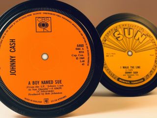 Johnny Cash - 2 Record Label coasters.  I Walk The Line.  A Boy Named Sue.  Sun 3