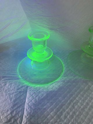 Set Green Vaseline Candlesticks Candle Holders Uv Uranium Glass