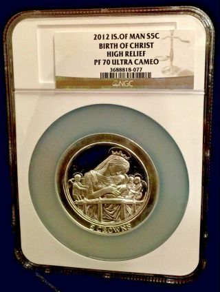 2012 Isle Of Man 5oz Ngc Pf70uc.  999 Silver 5 Crowns Birth Of Christ High Relief