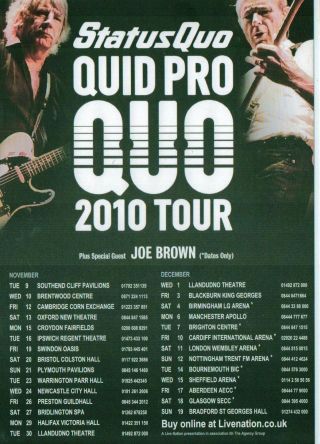 Status Quo Quid Pro Quo 2010 Tour Uk Flyer / Mini Poster 8x6 Inches