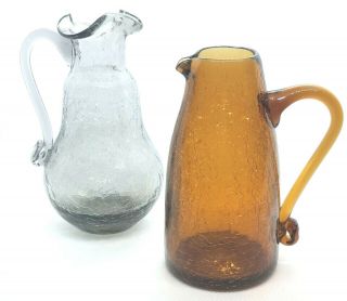 Vintage Crackle Glass Vase Pitchers Smoke And Amber Brown Set Of 2 @ 4 "