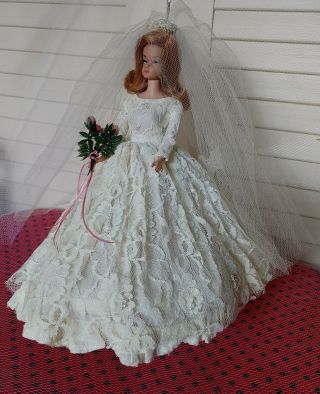 Vintage Faux Pearl Wedding Gown,  Veil,  Hoop Slip For Barbie Size Doll - No Label