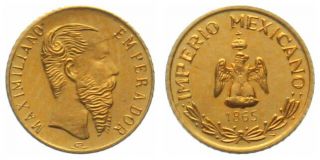 1865 Mexico Peso Gold Coin Emperor Maximiliano