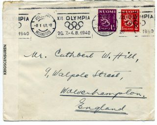 Finland 1940 Censored Cover To England With Olympic Games Slogan Cancel