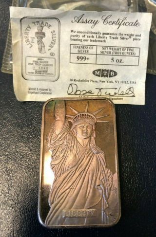 Engelhard Liberty Trade Silver 5 Oz Bar With - Nicely Toned
