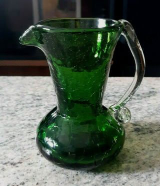 Vintage Hand Blown Green Crackle Glass Pitcher W/applied Clear Glass Handle