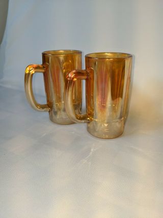 Vintage Jeannette Iridescent Marigold Carnival Glass D - Handled Mugs Set Of 2,