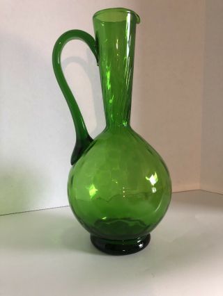 11.  5” Italian Art Glass Green Pitcher Applied Handle Italy