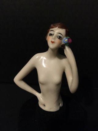 German Art Deco Flapper Porcelain Half Doll Flowers In Hair Arms Away