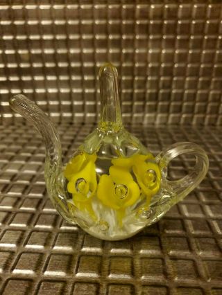 Vintage Joe St.  Clair Glass Teapot Paperweight Yellow Flowers Bubbles L@@k
