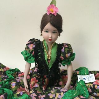 Marin Chiclana Doll Spanish Lady Sitting With Tag Green Eyes And Dress