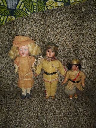 3 Small Antique German Bisque Head Paper Mache Dolls Native American Souvenir