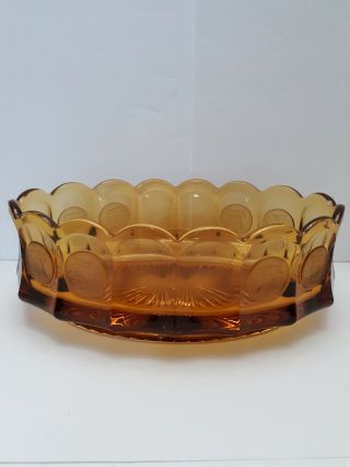 Vintage Amber Fostoria Usa Coin Glass Oval Bowl Scalloped Edges Frosted Embossed