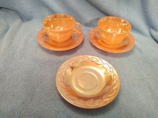 Vtg Fire King Peach Luster 2 Cups And Saucers Leaf Pattern