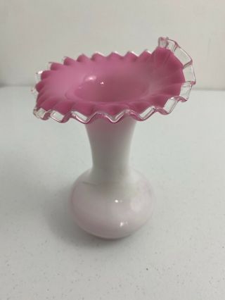 Vintage Fenton Milk Glass Peach Blow Pink Silver Crest Ruffle Crimped Vase