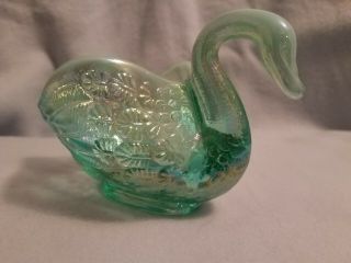 Fenton Blue Green Iridescent Glass Swan Open Master Salt