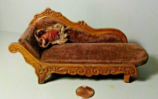 Antique Wood & Velvet Miniature Fainting Couch For Dollhouse Unsigned Schneegas