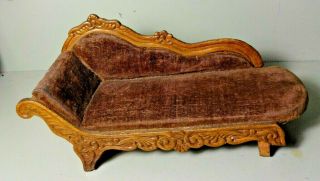 Antique Wood & Velvet Miniature Fainting Couch for Dollhouse Unsigned Schneegas 2