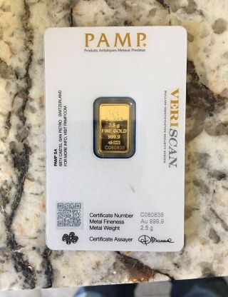 PAMP SUISSE FORTUNA 2.  5 gram Gold Bar - Fortuna - 999.  9 Fine in Assay 2