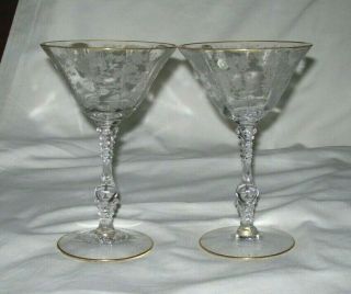 Awesome Set Of 2 Rose Point Pattern Tall Sherbet Stems - Gold Rims -