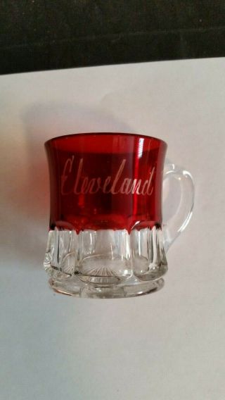 Vtg Antique Ruby Red Flash Glass Souvenir Mug/cup Cleveland Ohio