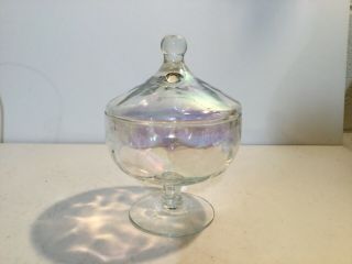 Vtg Glass Iridescent Apothecary Jar Candy Dish Circus Tent Lid Mid Century