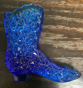 Vintage Fenton Cobalt Blue Tall Daisy & Button Art Glass Boot