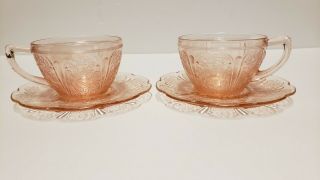 Vtg Jeanette Pink Cherry Blossom Depression Glass Cups And Saucers