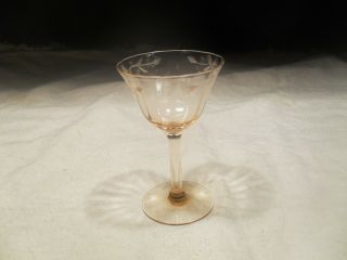 Vintage Pink Depression Glass Long Stem Goblet W/ Etched Floral Design