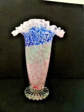 Vintage Studio Art Glass Ruffle Top Vase 11 " Tall White Blue Pink Green Spatter