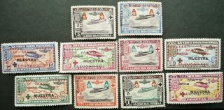 Spain 1927 Red Cross Airmail Stamp Set W/ " Muestra " Specimen Overprints - Mlh