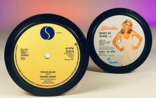 Talking Heads.  Blondie.  2 Record Label Coasters.  Psycho Killer.  Heart Of Glass
